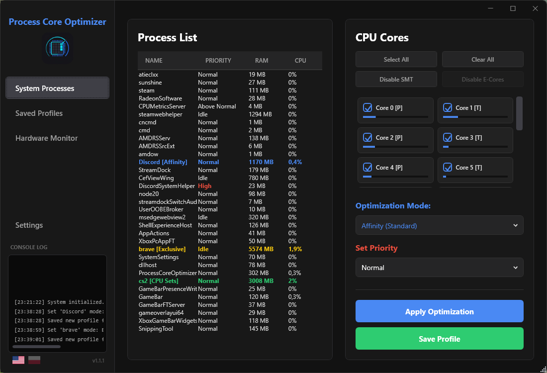 Lista procesów w Process Core Optimizer